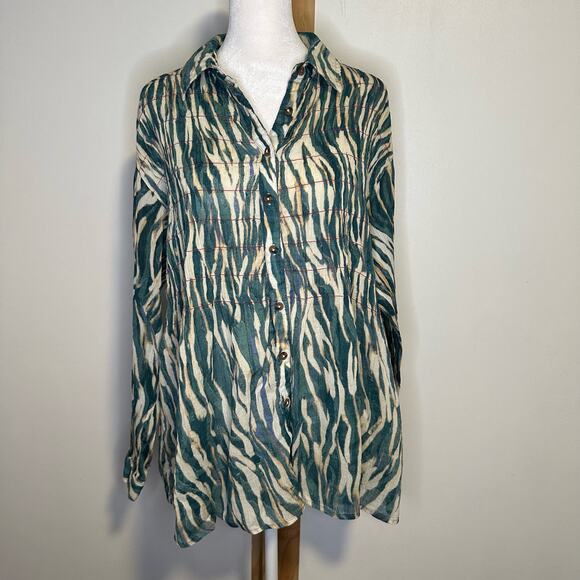 Pilcro Anthropologie cream & teal striped button down long sleeve shirt size XS - Picture 3 of 13